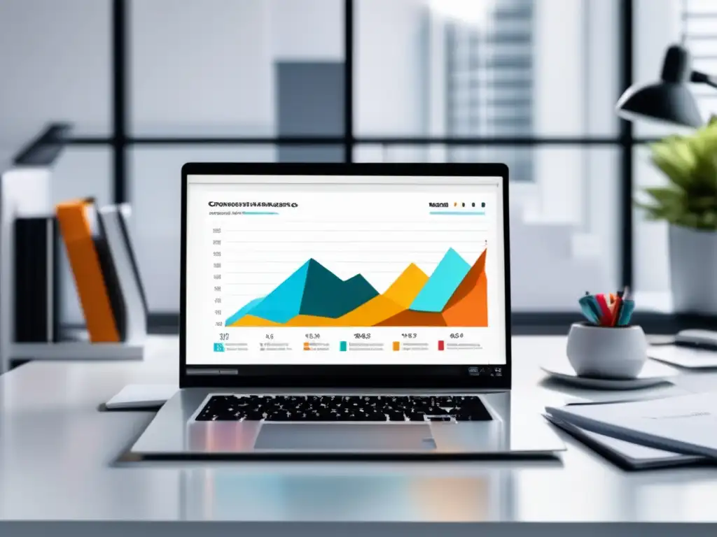 Espacio de trabajo minimalista y moderno Espacio de trabajo minimalista con diseño moderno, laptop mostrando gráficos y vista panorámica de la ciudad
