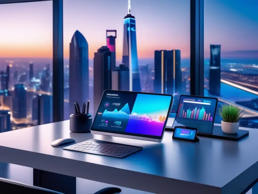 Espacio de trabajo minimalista con herramientas de marketing Herramientas para marketing de afiliados en un espacio de trabajo minimalista con vista panorámica de la ciudad