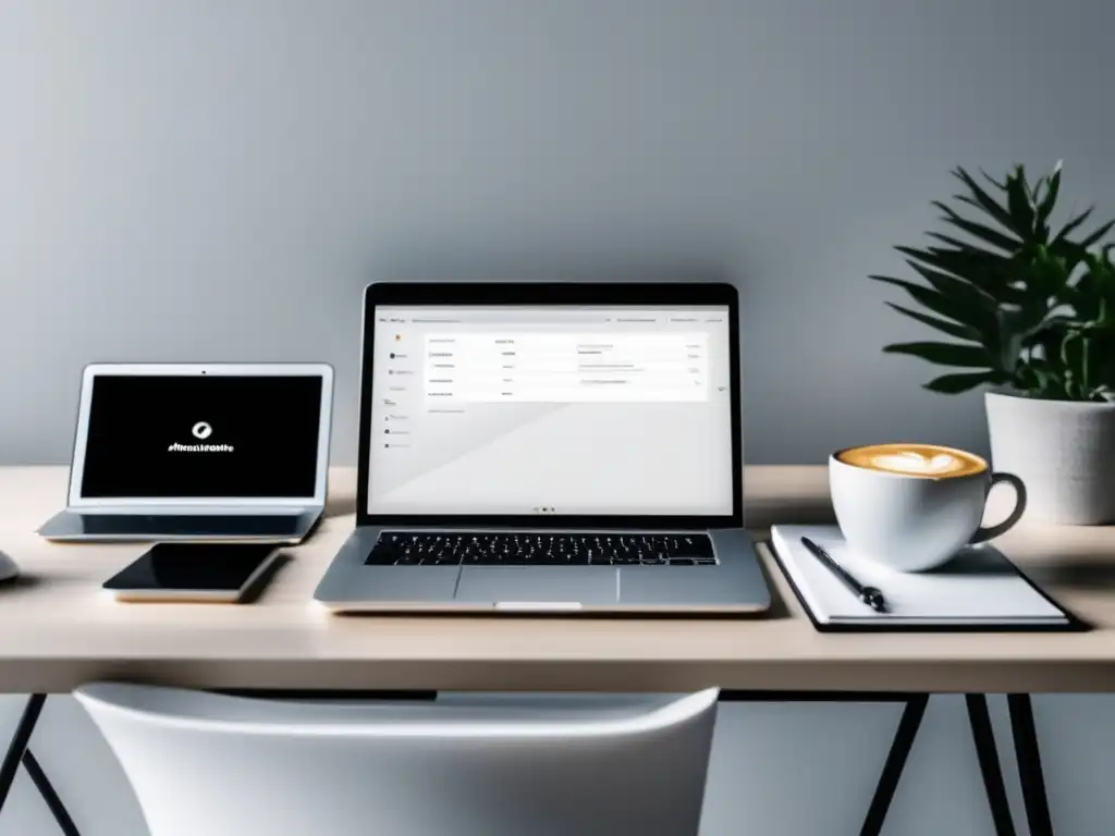 Espacio de trabajo minimalista y moderno Espacio de trabajo minimalista y moderno con escritorio blanco y herramientas de afiliados