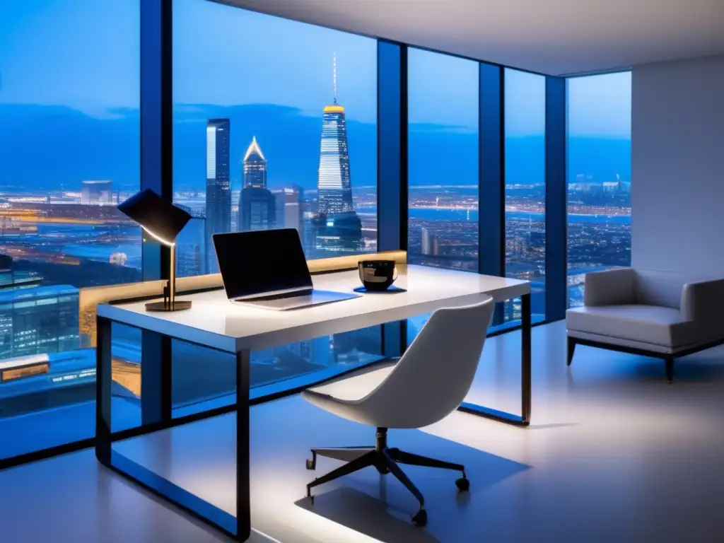 Espacio de trabajo minimalista con vista a la ciudad Espacio de trabajo minimalista con vista a la ciudad, ideal para estrategias de marketing de afiliados