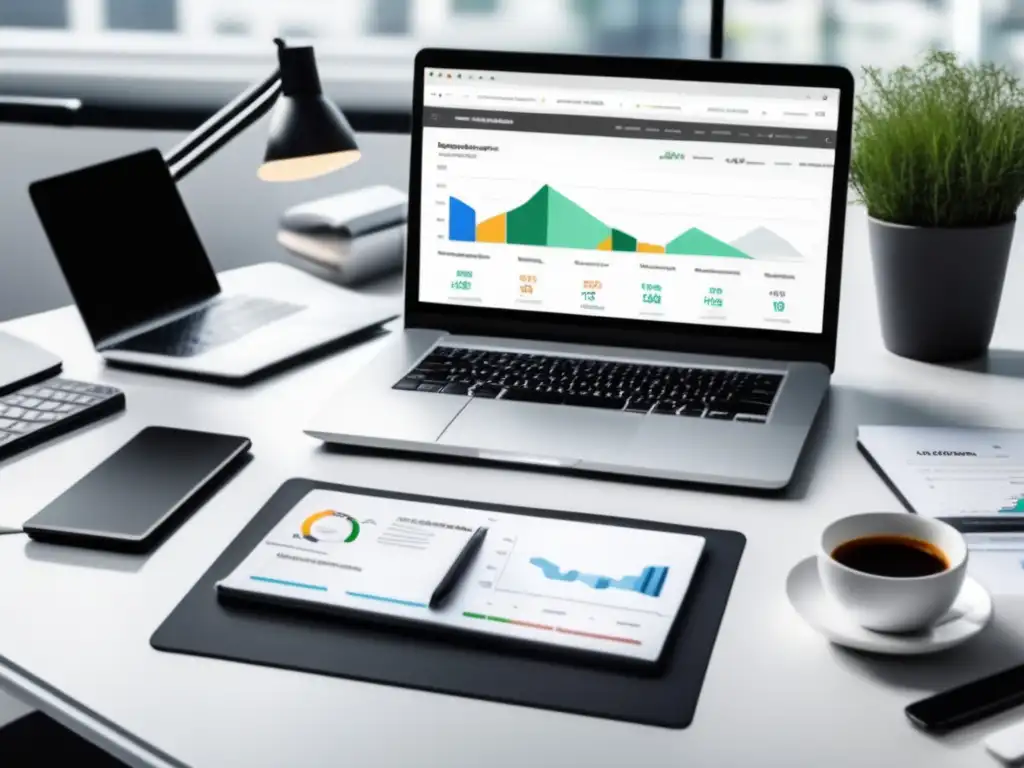 Estación de trabajo minimalista con herramientas de marketing Herramientas de marketing de afiliados en un espacio de trabajo minimalista con laptop, Google Analytics, ClickMagick y Voluum