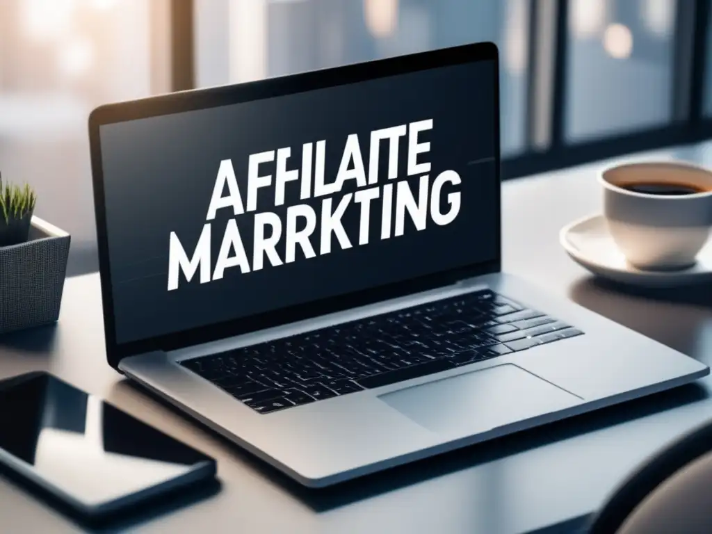 Espacio de trabajo minimalista y moderno Escritorio minimalista con laptop, gráfico de éxito en marketing de afiliados y tonos calmantes