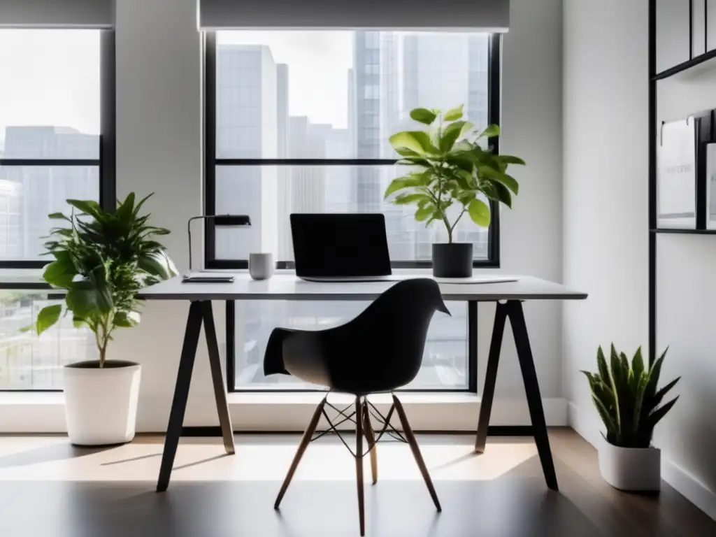 Espacio de trabajo minimalista con luz natural Oficina minimalista con escritorio blanco y ventanales, organizado y luminoso - Estrategias éticas de marketing de afiliados