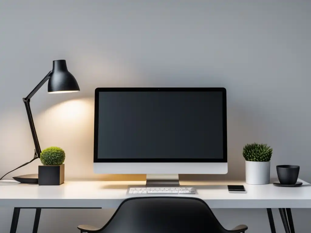 Espacio de trabajo minimalista y moderno Escritorio minimalista con laptop, silla negra y arte abstracto: estrategias clave para el marketing de afiliados