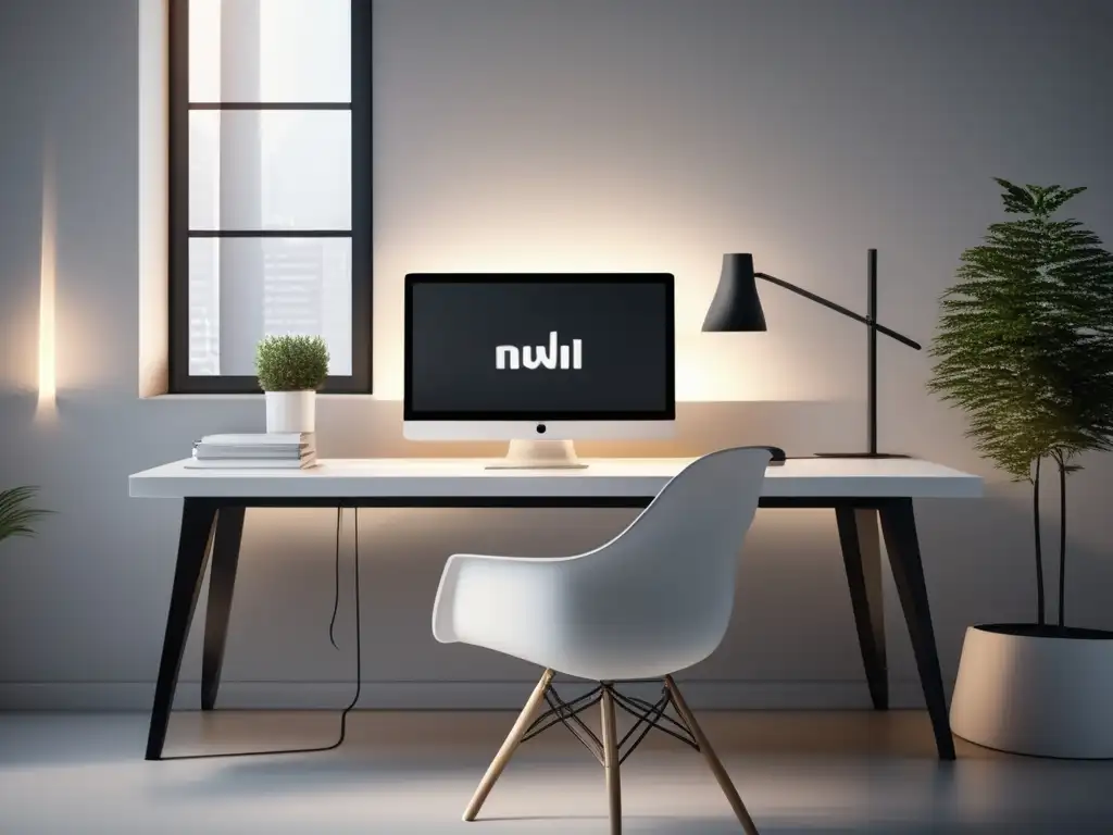 Espacio de trabajo minimalista y moderno Espacio de trabajo minimalista con escritorio blanco, laptop de alta gama y motivador póster en blanco y negro