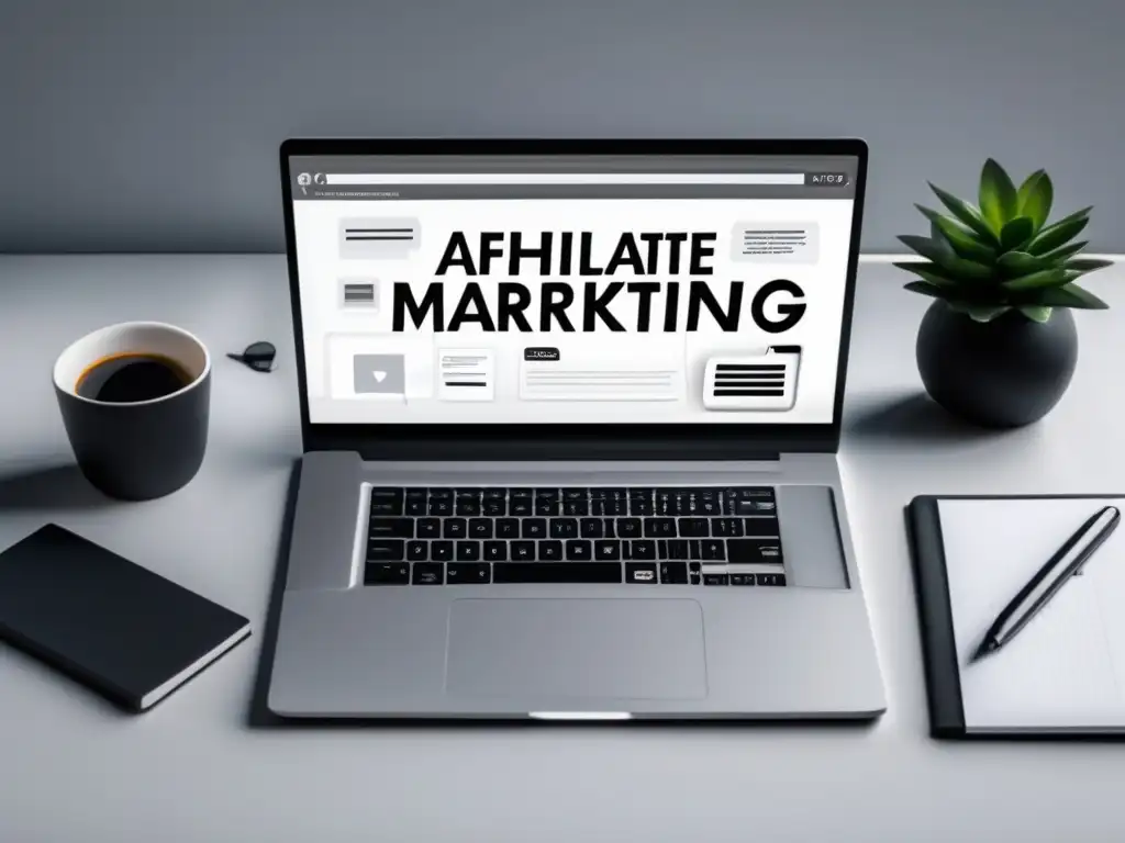 Espacio de trabajo moderno y minimalista Espacio de trabajo minimalista con escritorio blanco y laptop negra mostrando plataformas de marketing de afiliados y estrategias clave