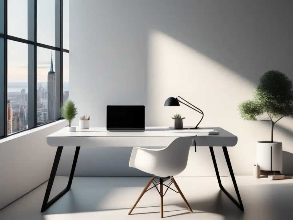 Espacio de trabajo minimalista y moderno Espacio de trabajo moderno y minimalista con escritorio blanco, laptop, ratón inalámbrico, y vista de la ciudad