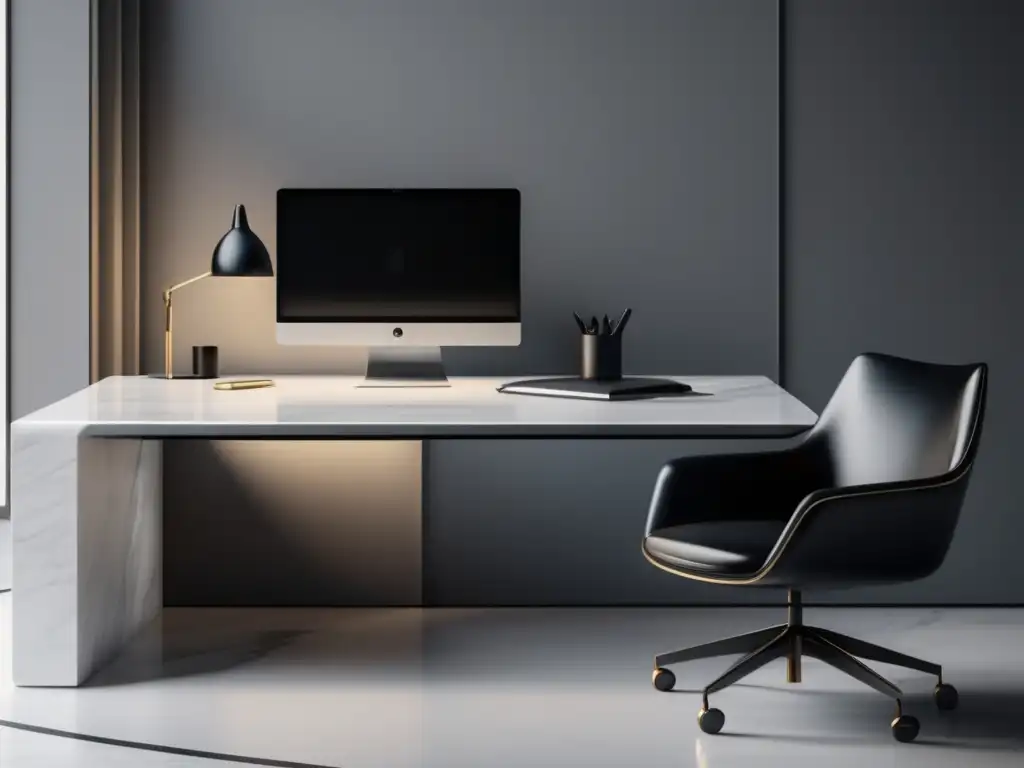 Espacio de oficina minimalista y organizado Escritorio minimalista de mármol blanco y metal, con laptop, cuaderno y silla ergonómica de cuero negro
