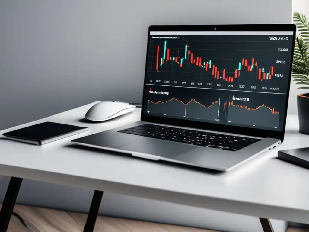 Espacio de trabajo minimalista y elegante Escritorio minimalista con laptop, gráfico de ganancias de marketing de afiliados, notas, mouse, café y planta