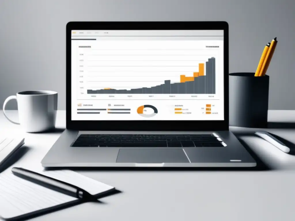 Espacio de trabajo organizado y minimalista Espacio de trabajo organizado con laptop plateada, gráfico de ganancias y café: herramientas para aumentar ganancias en marketing de afiliados