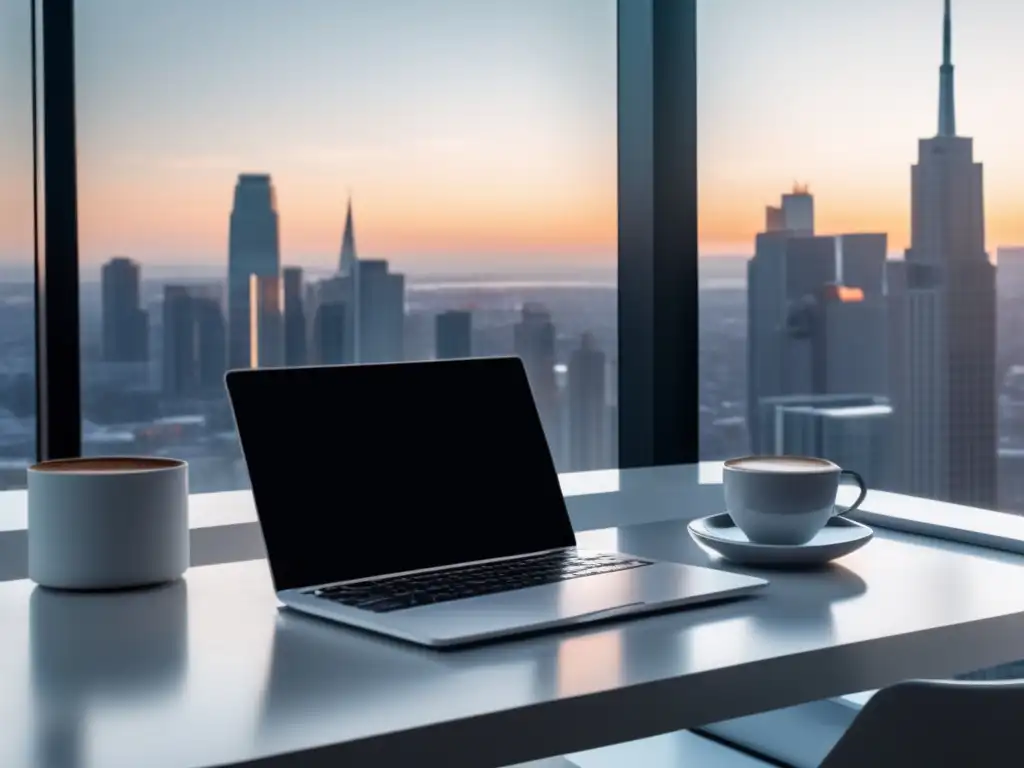 Espacio de trabajo minimalista con vista a la ciudad Espacio de trabajo minimalista con escritorio blanco y vista a la ciudad, optimizando conversiones en marketing de afiliados