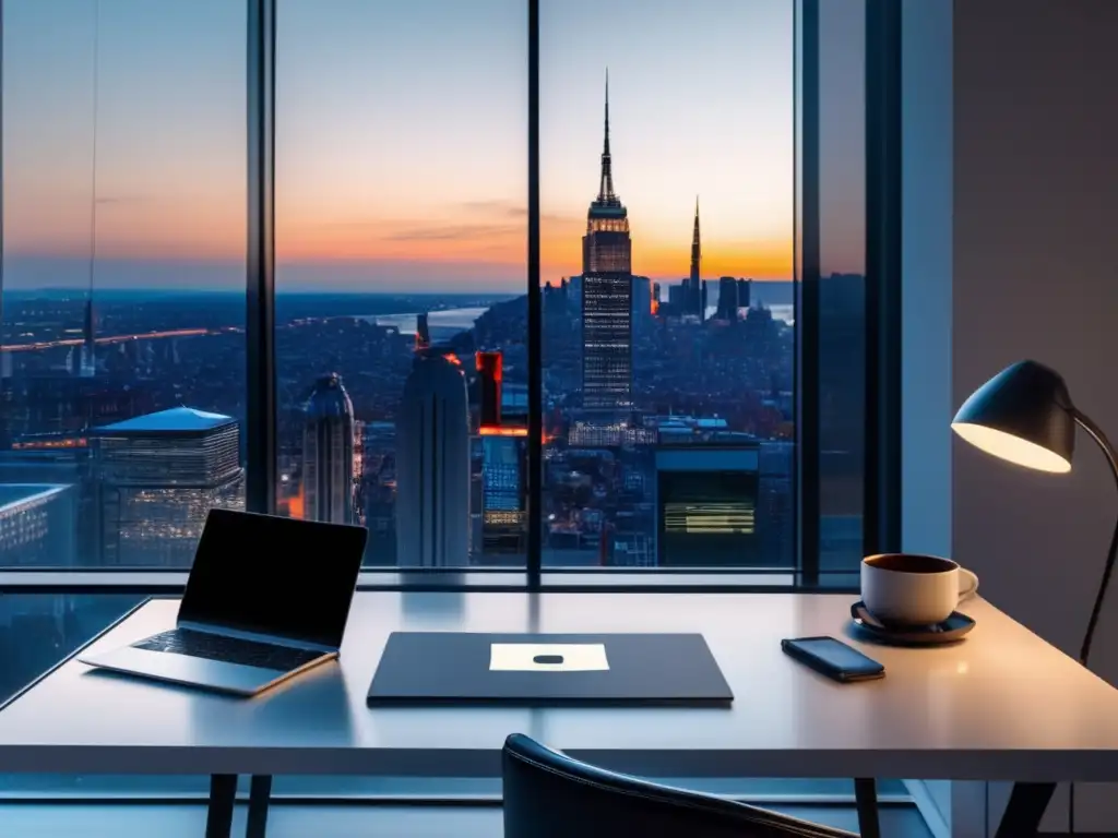 Espacio de trabajo minimalista con vista a la ciudad Espacio de trabajo minimalista con escritorio blanco y silla de cuero negro frente a ventana panorámica de la ciudad al atardecer