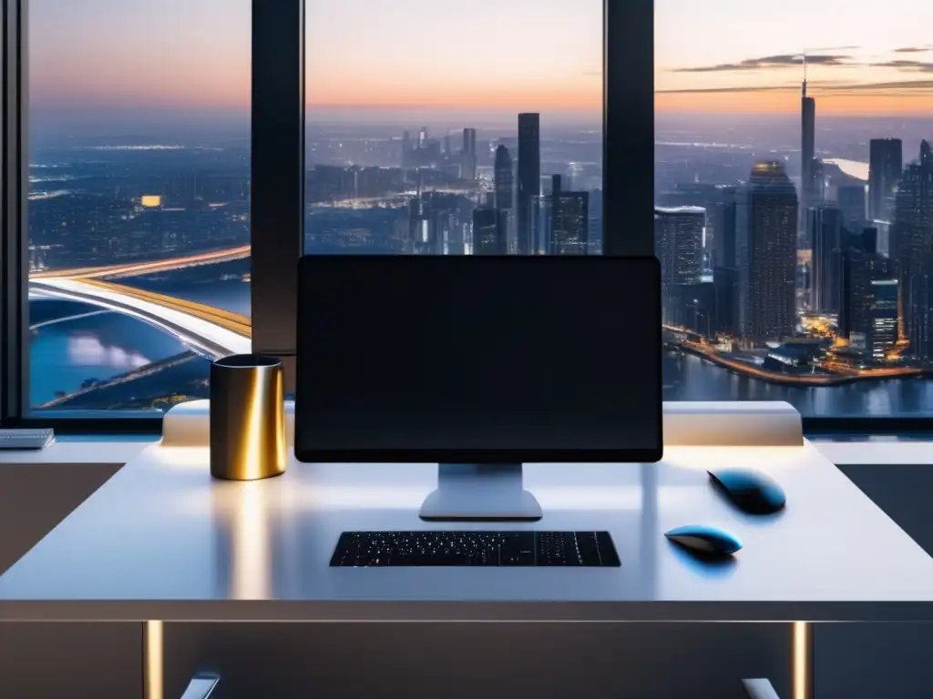 Espacio de trabajo moderno con vista a la ciudad Workspace minimalista y moderno con vista a la ciudad al anochecer