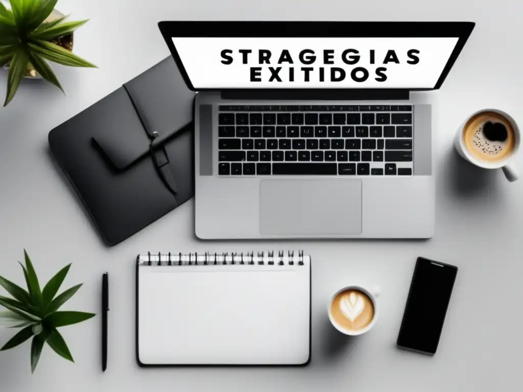 Escritorio minimalista y moderno con laptop, notas y plantas