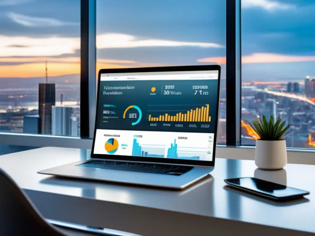 Espacio de trabajo minimalista con vista a la ciudad Espacio de trabajo minimalista con vista a la ciudad y herramientas de inteligencia artificial para el marketing de afiliados