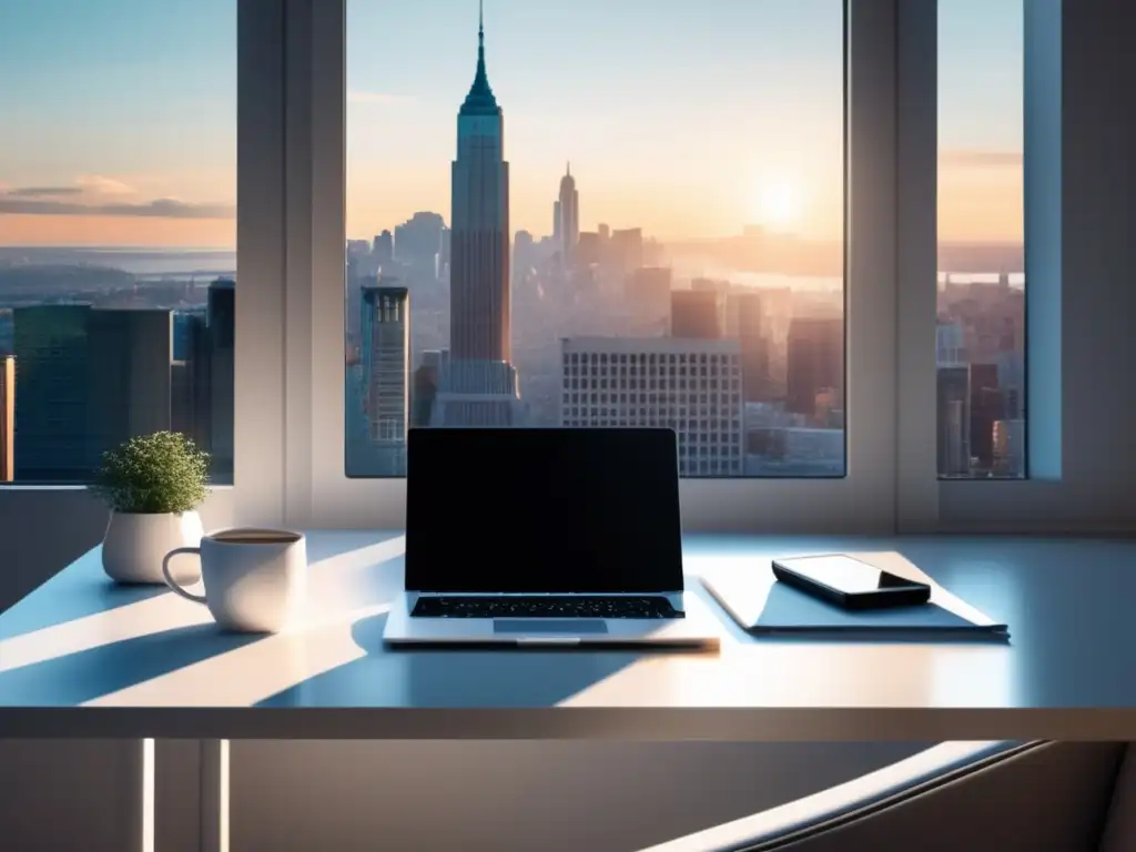 Espacio de trabajo minimalista con vista a la ciudad Escritorio minimalista con vista a la ciudad, laptop, smartphone, café