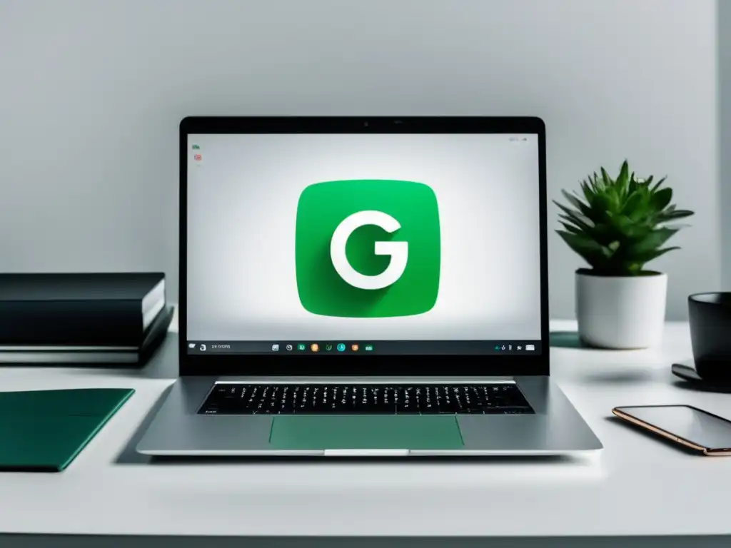 Espacio de trabajo moderno y minimalista Espacio de trabajo moderno con laptop de alta gama y vista a la ciudad - Programa de afiliados de Grammarly