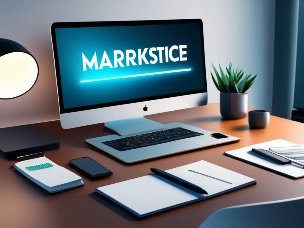 Espacio de trabajo futurista y minimalista Ilustración minimalista y moderna de un espacio de trabajo futurista con herramientas de marketing de afiliados y una vista panorámica de la ciudad