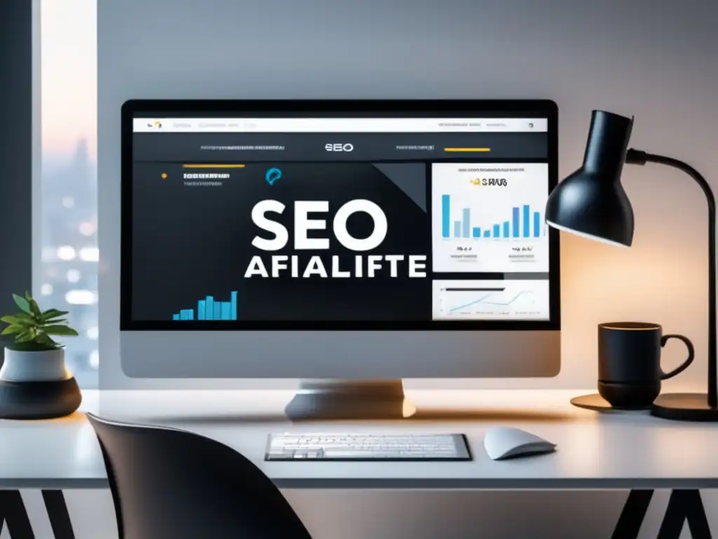 Espacio de trabajo minimalista y profesional Espacio de trabajo minimalista con laptop y estrategias de SEO para aumentar ingresos en marketing de afiliados